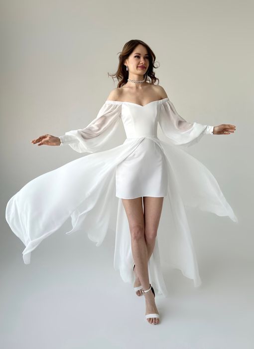 Свадебное нарядное мини платье с шифоновой юбкой (молочный)