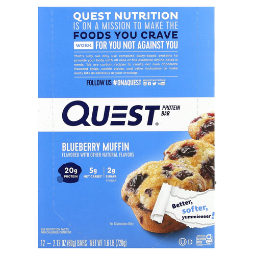 Quest Nutrition, протеиновый батончик, вкус кекса с голубикой, 12 батончиков по 60 г (2,12 унции)