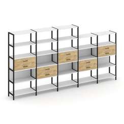 Shelf System Пятисекционный стеллаж пятиярусный с ящиками SN.STM-551 Белый/Тиквуд Светлый/Металл Чер