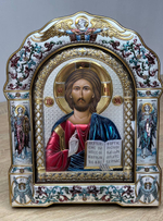 Спаситель, икона арочная с рамкой под стеклом, красное дерево, эмаль 206х270