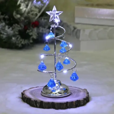 Сувенир с подсветкой «Елочка Хрустальная» 18 см, диаметр 8 см, основание-серебро, свечение белое, хрусталик Голубой (работает от батареек 3 LR44)