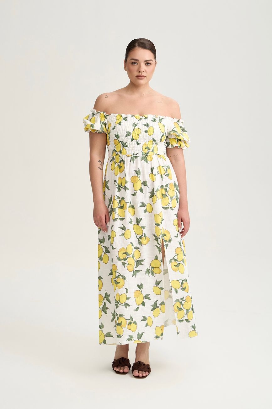 Платье с открытыми плечами из муслина, принт лимоны