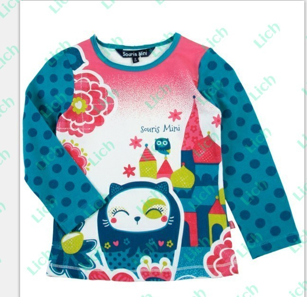 Лонгслив с рукавами в горошек и принтами кошки и совы