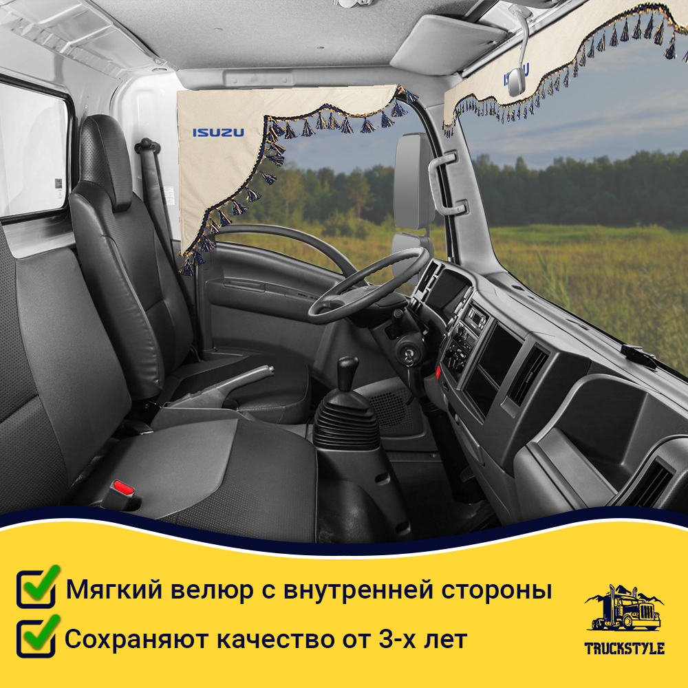 Ламбрекен с косынками стеганые Isuzu (экокожа, бежевый, синие кисточки)