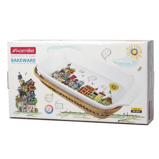Форма керамическая для запекания 1,5 л. прямоугольная Kamille KM-6304 (35,5х18х5 см) с ротанговой корзинкой