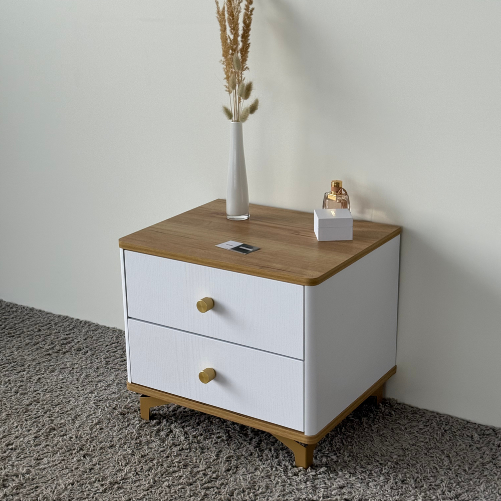 Тумба прикроватная на ножках с ящиками ROYAL 5303 эко (Дуб Кантри-Золото-р.золото)