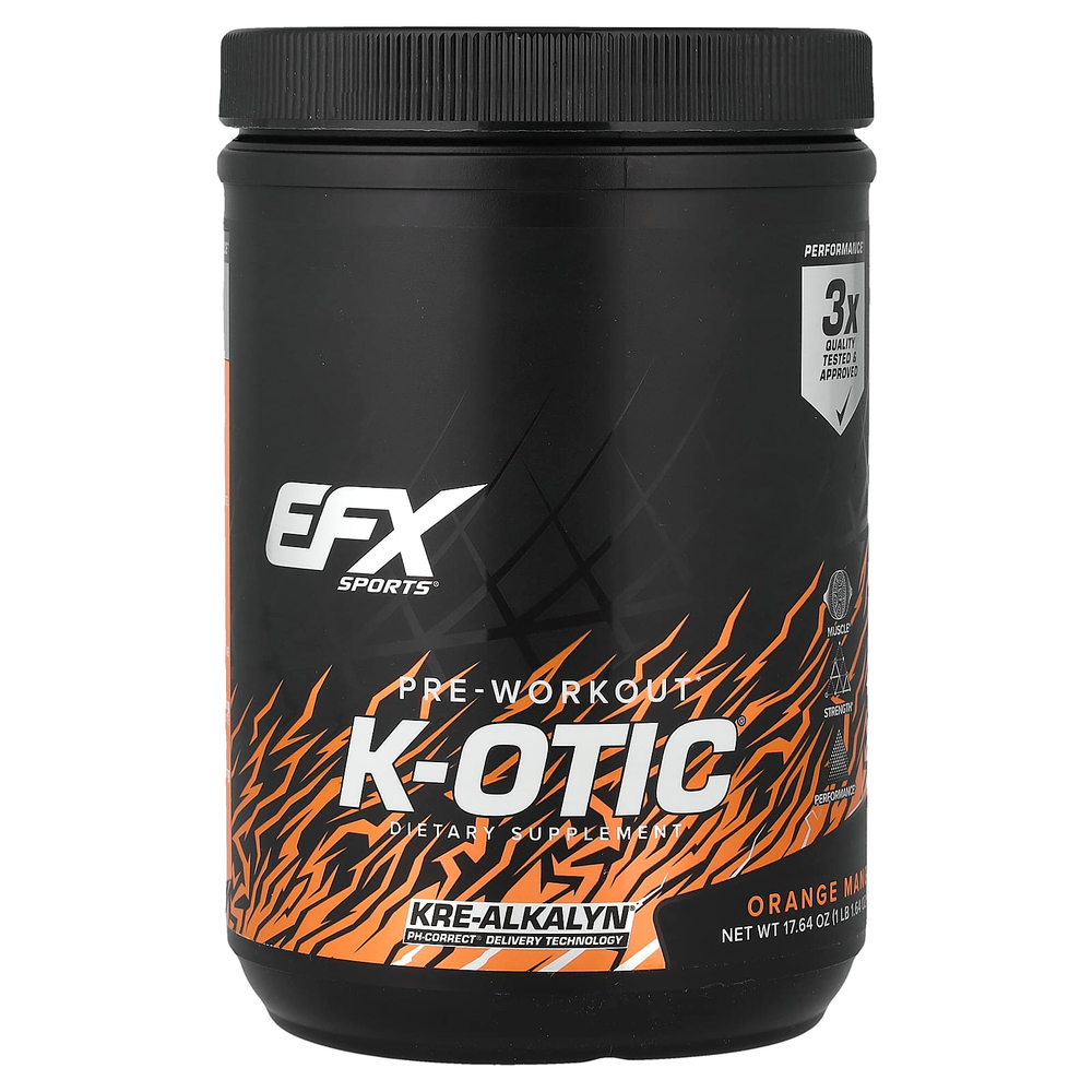 EFX Sports, предтренировочный комплекс K-otic®, со вкусом апельсина и манго, 500 г (1 фунт, 1,64 унции)