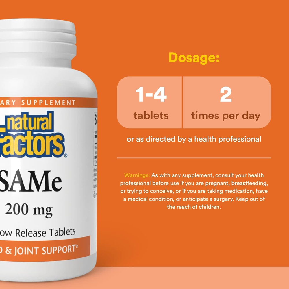 Natural Factors, SAMe, 200 мг, 60 таблеток медленного высвобождения