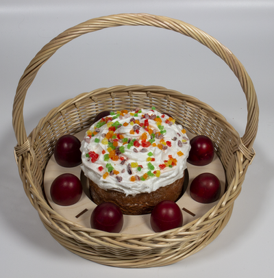 Пасхальная корзинка круглая, с вкладышем для яиц и кулича, диаметр 31 см высота 8 см высота с ручкой 30 см