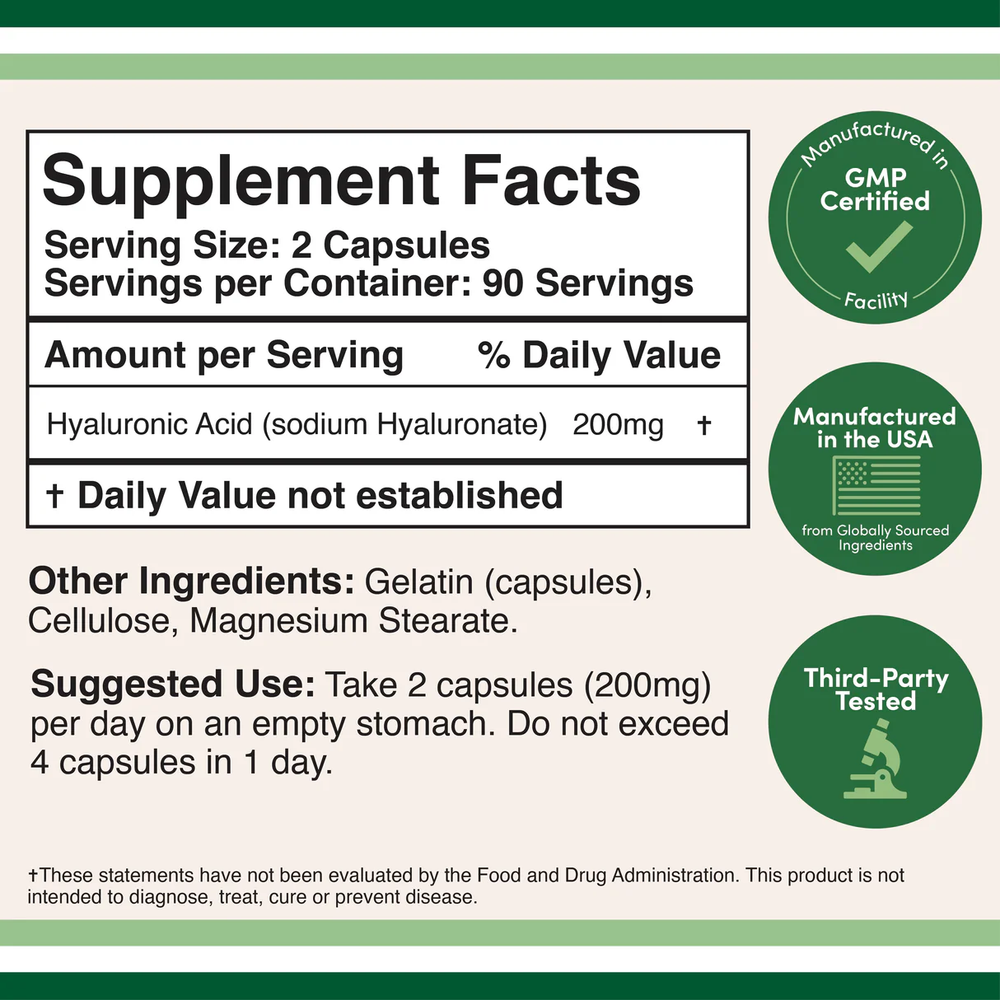 Double Wood Supplements - Hyaluronic Acid - 180 x 100 mg capsules