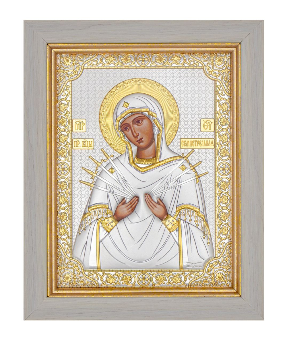 Семистрельная БМ, икона прямоугольная в рамке под стеклом, белое дерево 232х280