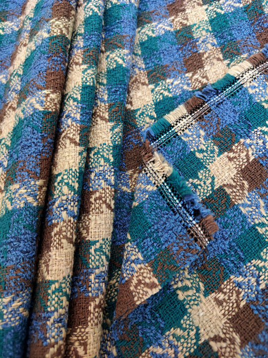 Твид шанель, клетка, зеленый/синий/беж, хлопок, вискоза