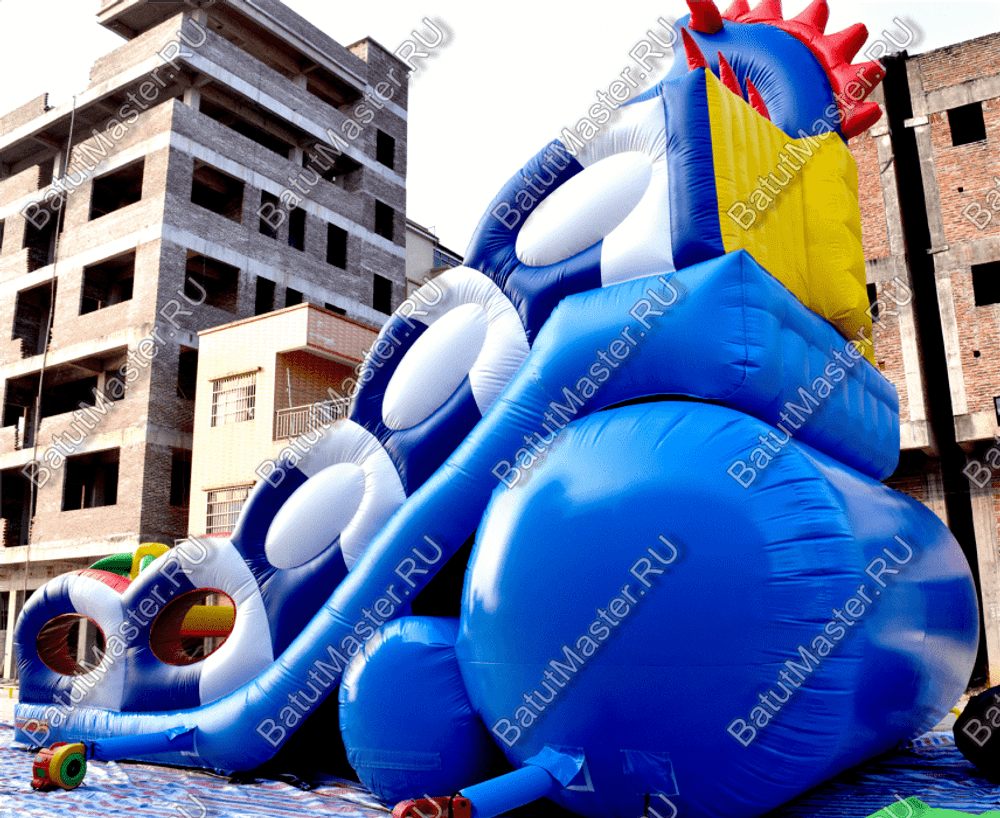 Коммерческий надувной батут-горка "Дракон" 10*5*8 м,без шипов сине-белый