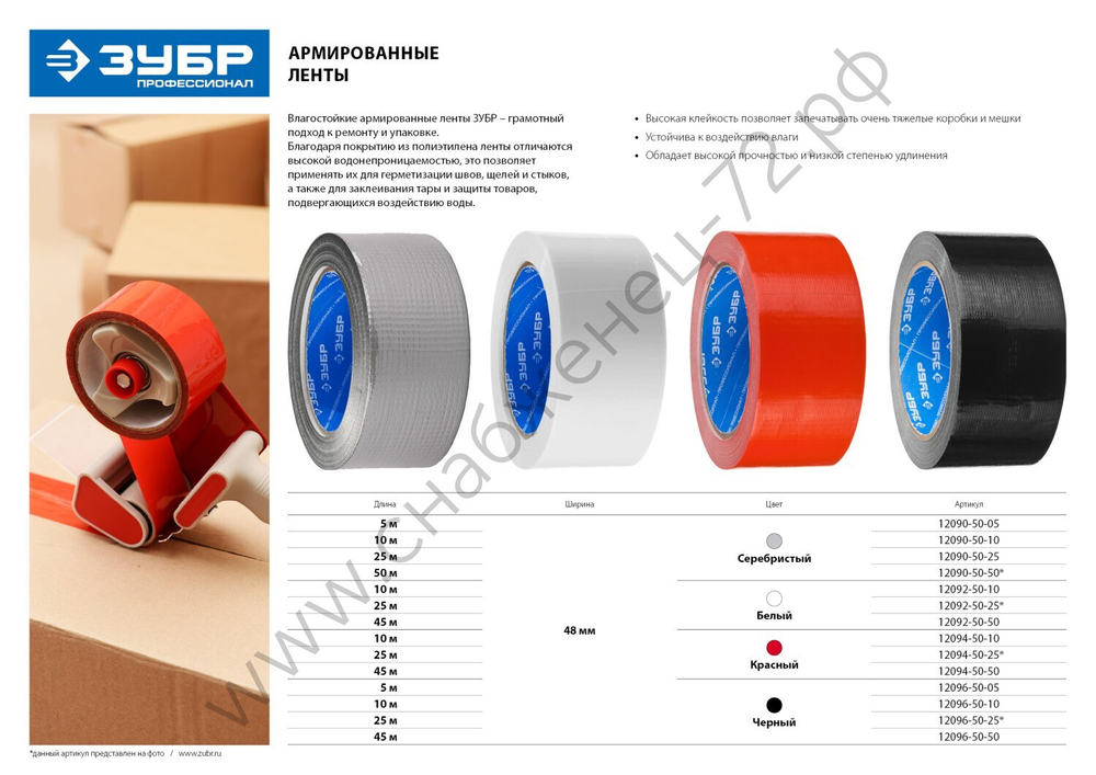 ЗУБР 48 мм, 10 м белая, на тканевой основе, универсальная, Армированная лента, ПРОФЕССИОНАЛ (12092-50-10)