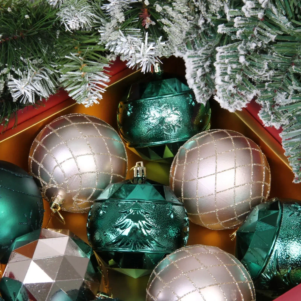 Новогодние шары «Волшебный вальс» 8 см (набор 12 шт), Изумруд/Шампань