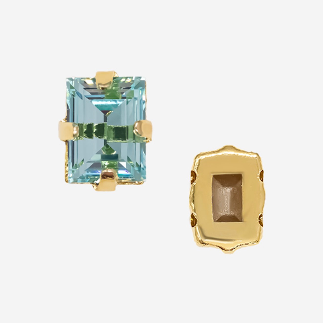 Кристалл Прямоугольник (Step Cut Fancy Stone) в цапах, оттенок "Аквамарин"/"Aquamarine", 9*7мм, позолота