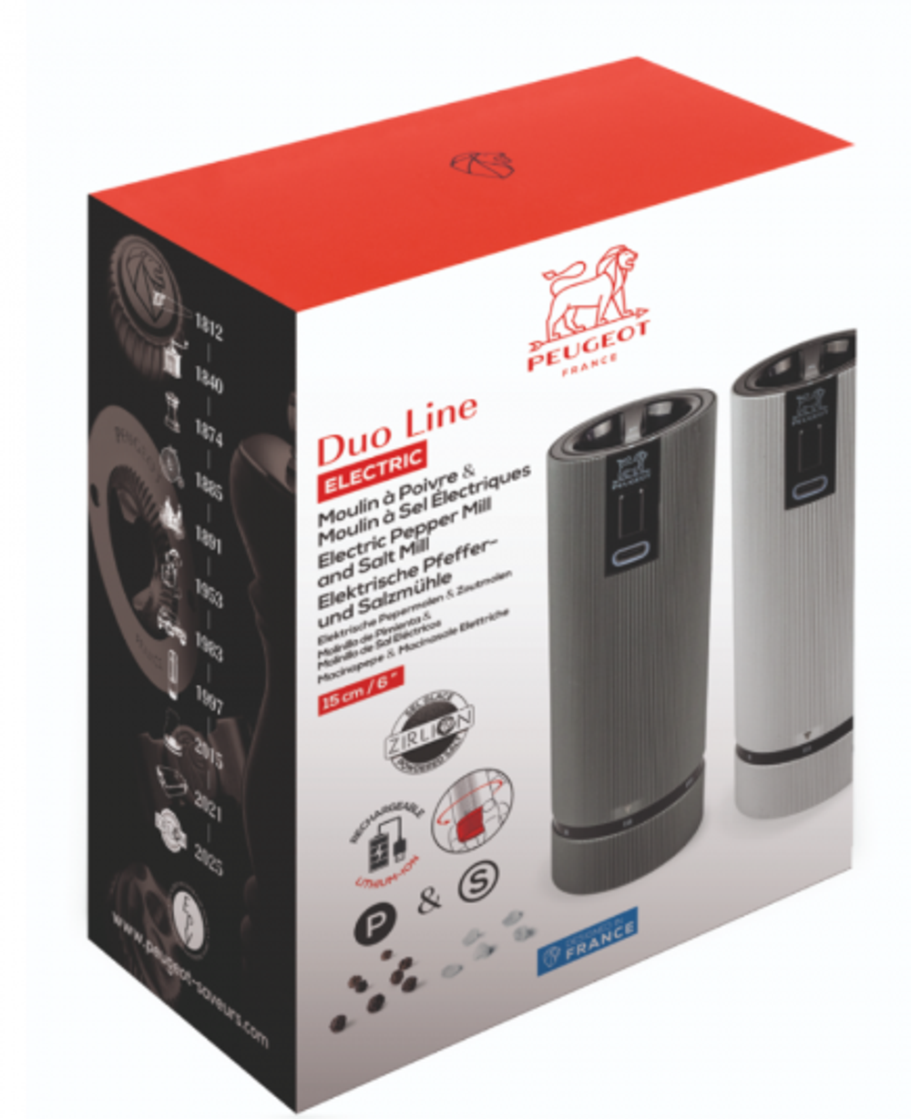 Line Zirlion - Набор 2 предмета электрических (с возможностью зарядки) мельниц для соли и перца, 15 см, черные матовые, карбон + алюминий, 6 степеней