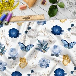 Ткань сатин голубые и золотые бабочки и розы