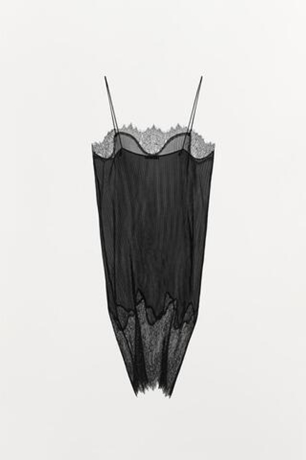 ZARA ПЛАТЬЕ С ПЛИССИРОВКОЙ И КРУЖЕВОМ, ЧЕРНЫЙ