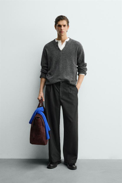 ZARA КОСТЮМНЫЕ БРЮКИ В ТОНКУЮ ПОЛОСКУ СО СКЛАДКАМИ, ТЕМНО-СЕРЫЙ