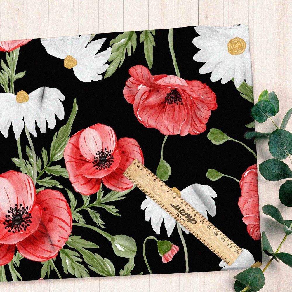 Ткань шифон маки на черном