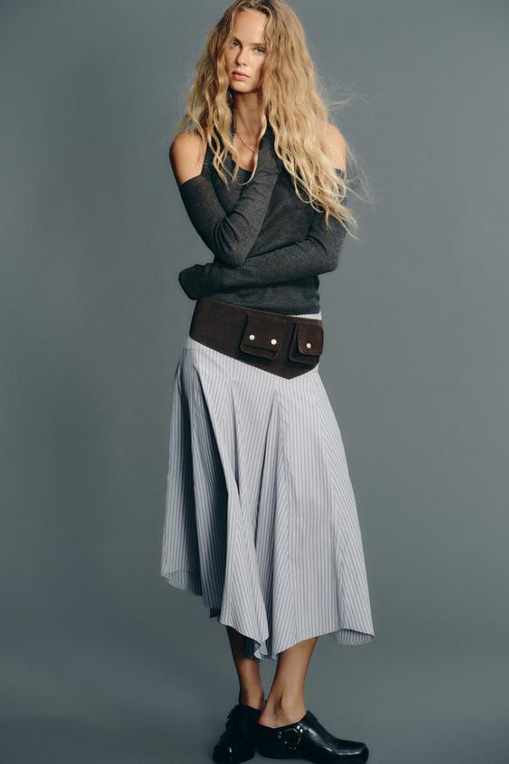 ZARA ЮБКА МИДИ В ПОЛОСКУ, СЕРО-СИНИЙ