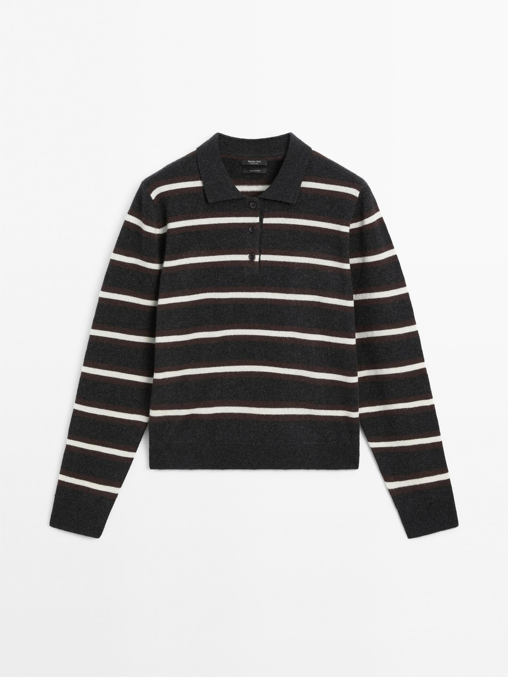 Massimo Dutti Свитер поло из 100% кашемира в полоску, коричневый
