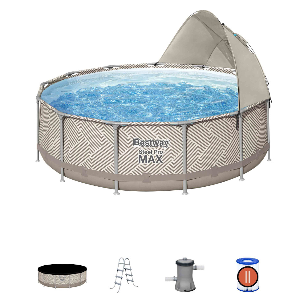 Каркасный бассейн Bestway Steel Pro MAX 396х107 см + фильтр-насос 2006 л/ч, лестница, тент, навес от солнца (561FY BW)