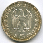 5 марок 3 рейх 1936 год (A) орел без свастики XF-AU