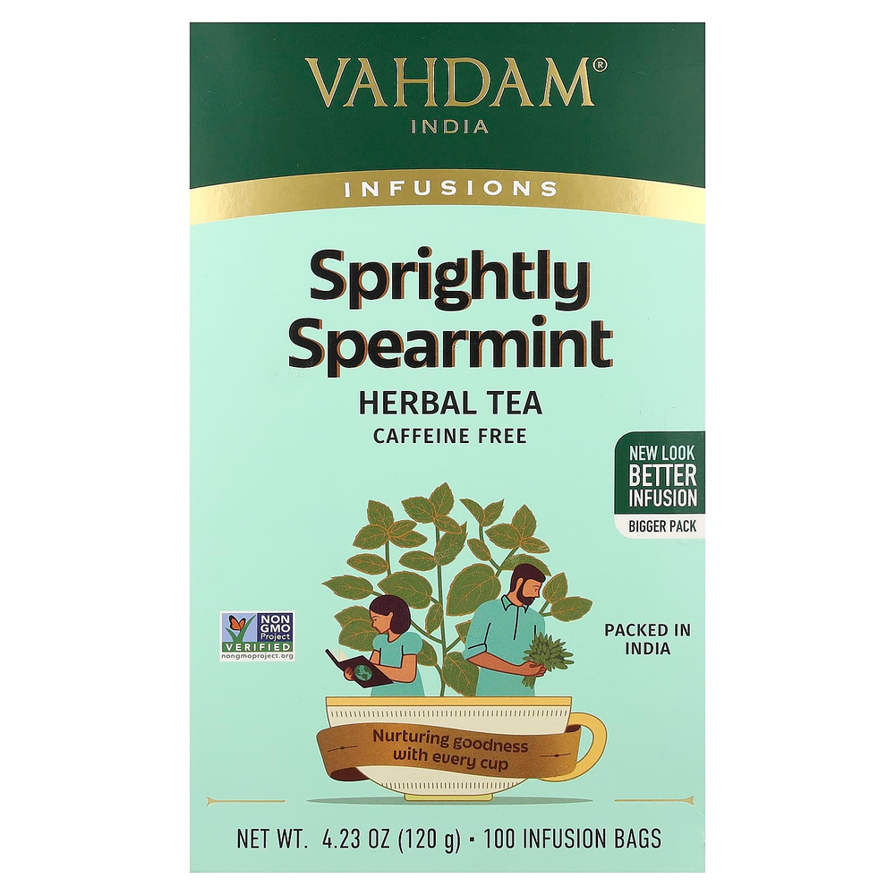 VAHDAM India, Infusions, травяной чай, мята колосистая, без кофеина, 100 пакетиков для заваривания, 120 г (4,23 унции)
