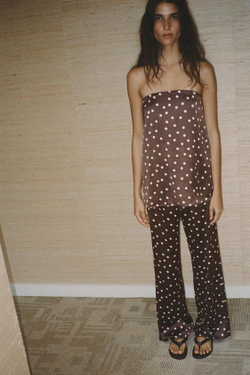 ZARA АТЛАСНЫЕ БРЮКИ С ВЫСОКОЙ ПОСАДКОЙ, КОРИЧНЕВЫЙ/ЭКРЮ