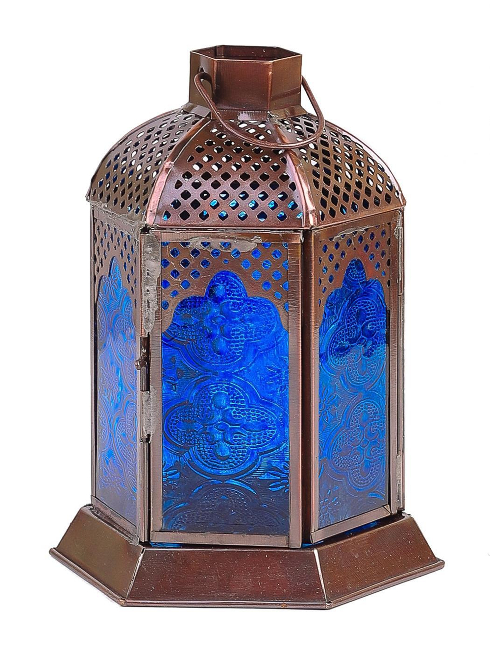 Подсвечник Фонарь металл цвет бронза, стекло синее 11x11x18 см
