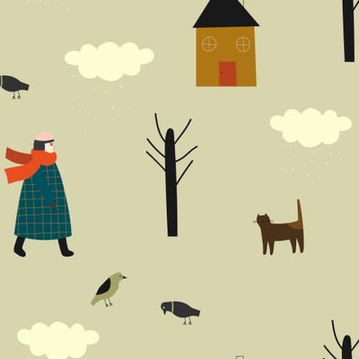 Осенний или  зимний пейзаж с девушкой, птицами котом