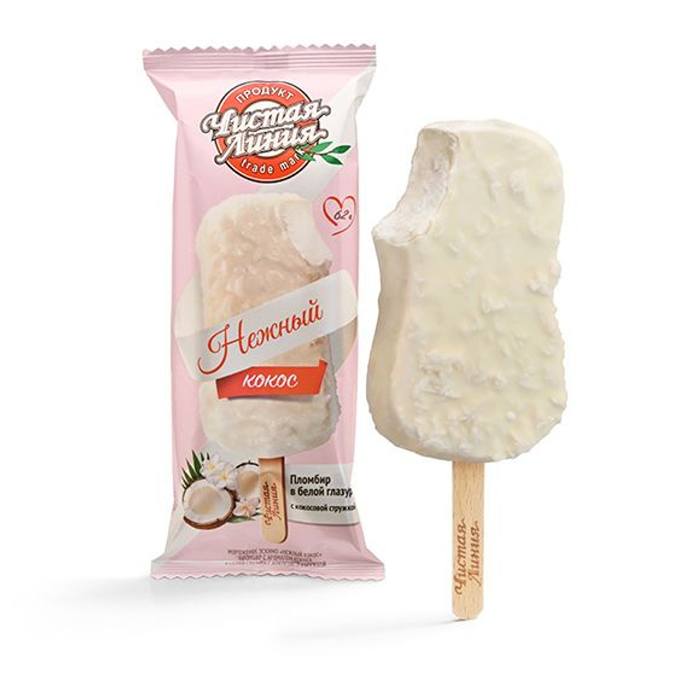 Мороженое эскимо "НЕЖНЫЙ КОКОС" пломбир в БЕЛОЙ глазури с кокосовой стружкой 62гр.