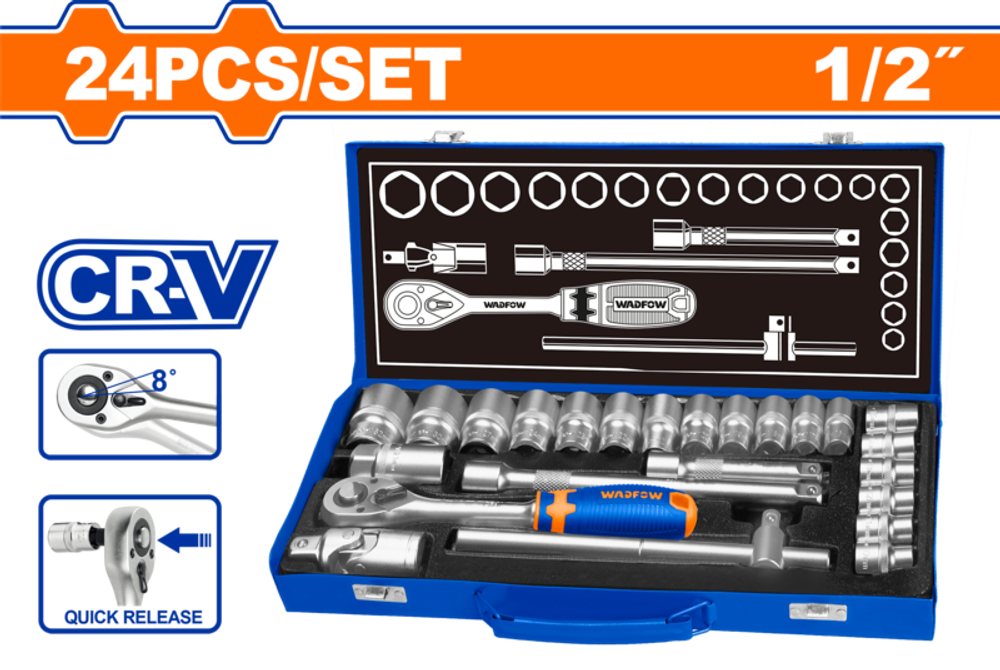 Набор головок с трещоткой 1/2" 24 шт (4) WADFOW WST2L24