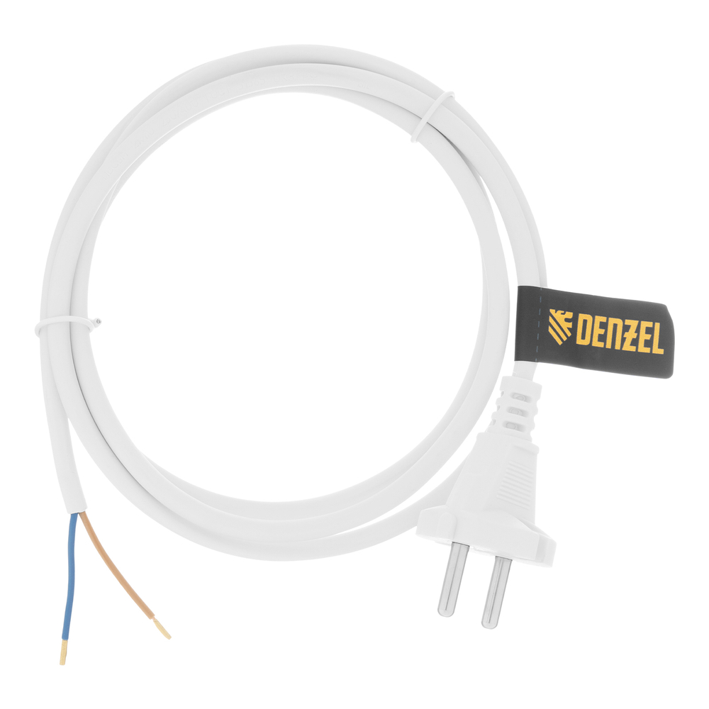 Шнур сетевой Energy Series, ПВС, 1,5 м, 2 x 1 мм, с неразборной вилкой, белый, Denzel