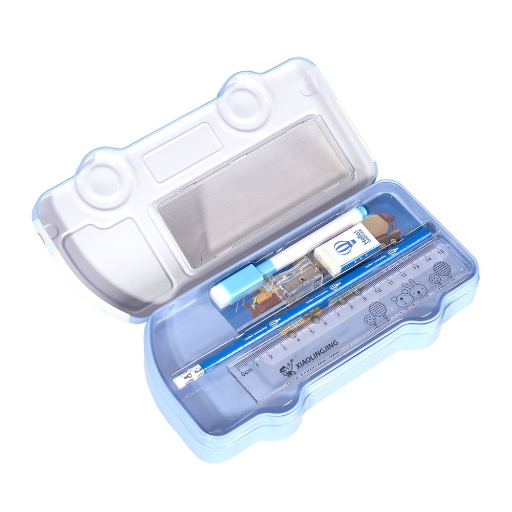 Пенал металлический машина, 2 отделения, Alingar, линейка 15 см, 1 ч/г карандаш, 1 точилка, 1 ластик, 1 меркер, 95 х 210 мм, "Дино за рулем", голубой, европодвес