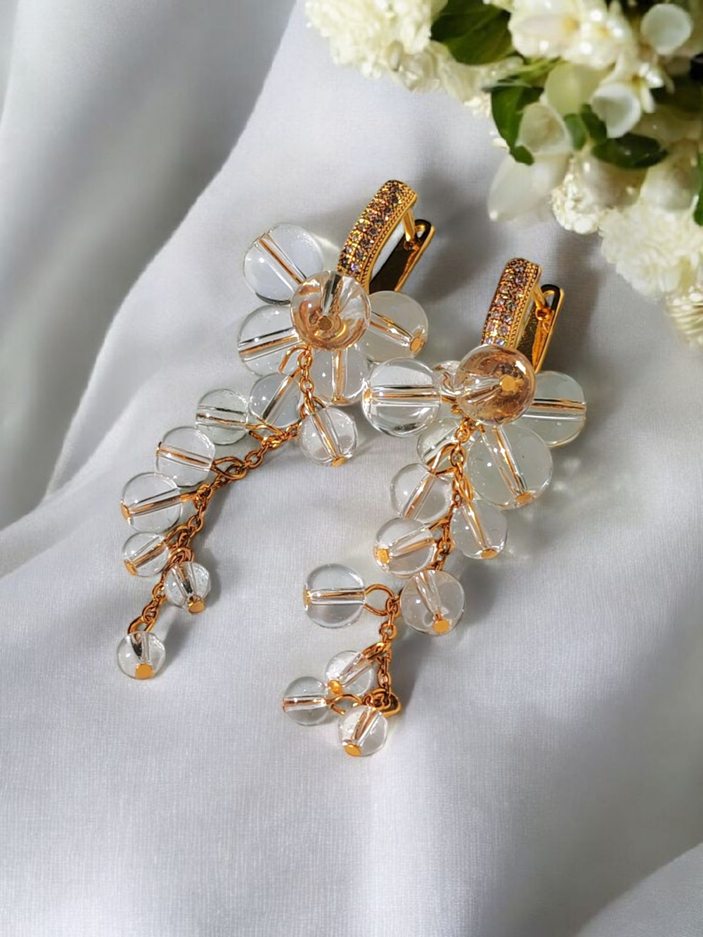 Серьги грозди длинные с натуральными камнями горный хрусталь