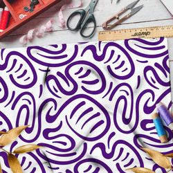 Ткань лён плавные фиолетовые узоры на белом фоне