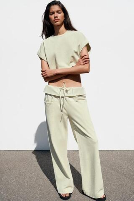 ZARA БРЮКИ С ПОЯСОМ ИЗ ПОПЛИНА, ЗЕЛЕНЫЙ