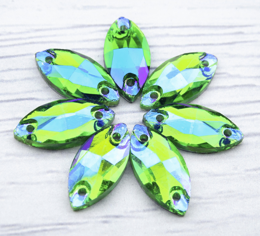 МИ020ДС612 Хрустальные стразы пришивные "лодочка", цвет: светло-зеленый AB, размер: 6х12 мм, 15 шт.