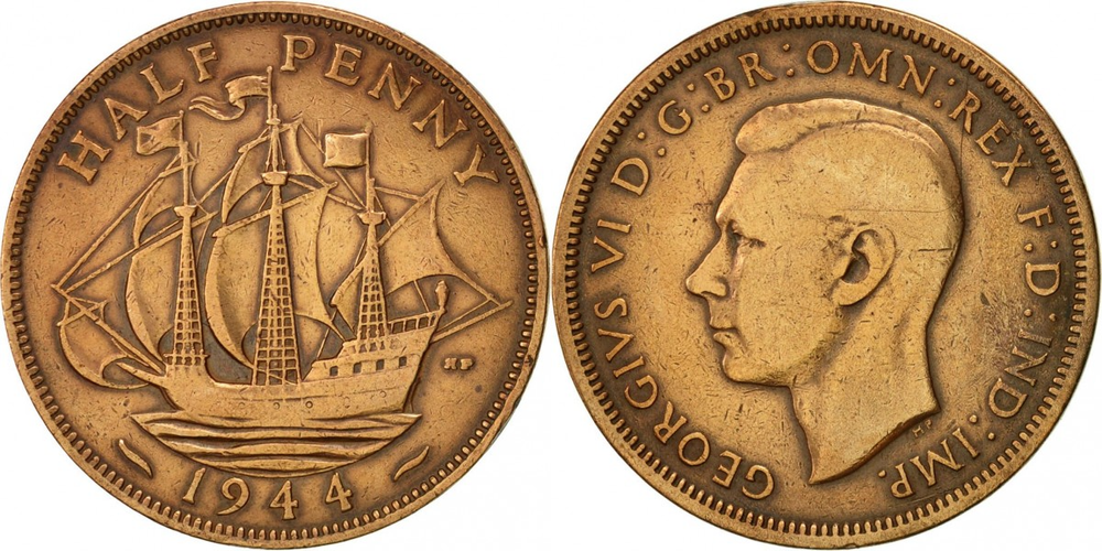 Великобритания 1/2 пенни, 1937-1948 Король Георг VI XF