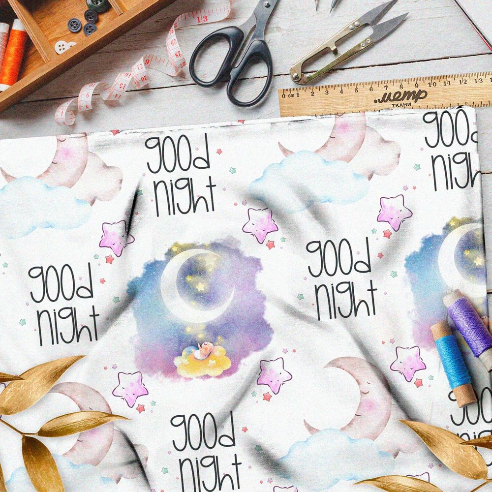Ткань дюспо акварельное ночное небо с ярким месяцем