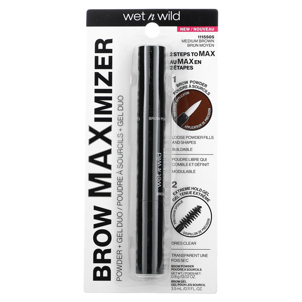wet n wild, Brow Maximizer, пудра + гель Duo, коричневый цвет, пудра - 0,8 г (0,02 унции), гель - 3,5 мл (0,11 жидк. унц.)