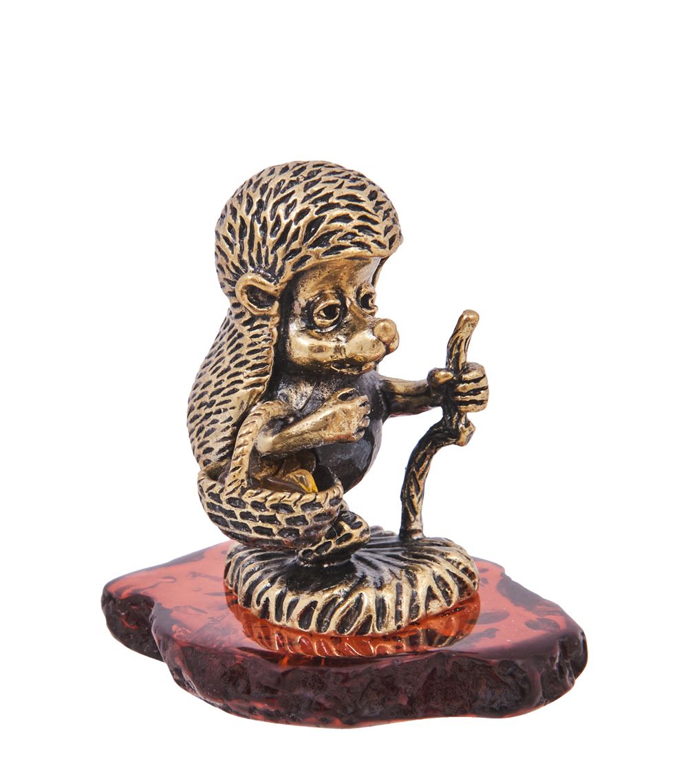 Народные промыслы AM-4181 Фигурка «Ежик Грибник» (латунь, янтарь)