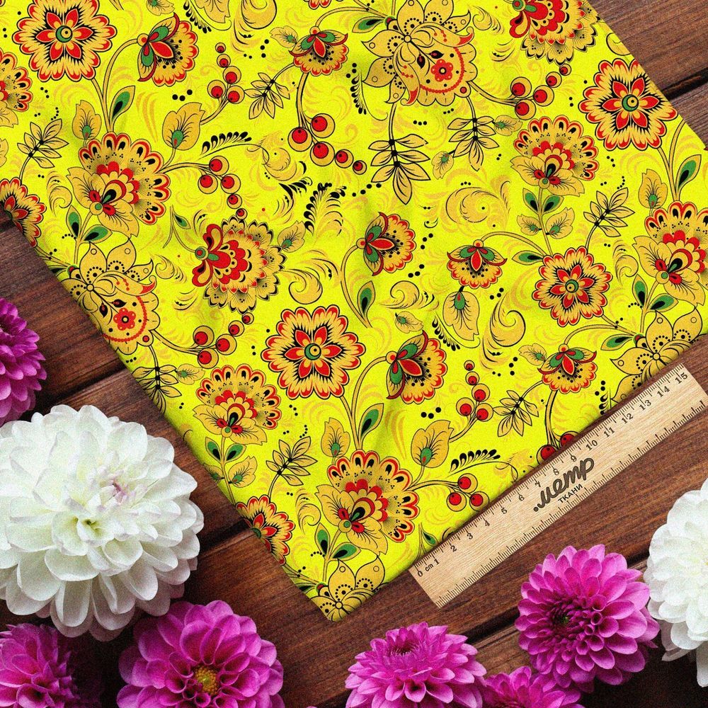 Ткань мембрана хохломские узоры на жёлтом