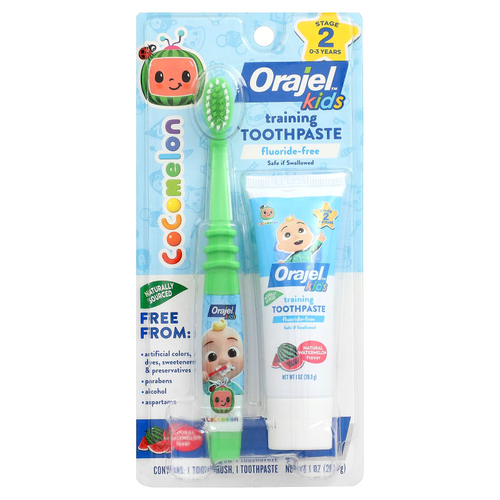 Orajel, Kids, Cocomelon Training, зубная паста с зубной щеткой, без фтора, для детей от 0 до 3 лет, арбуз, набор из 2 предметов, 28,3 г (1 унция)
