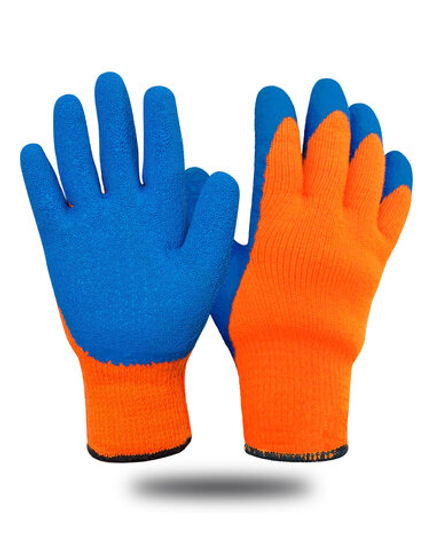 Перчатки утепленные оранжевые, акрил с синим рифленым латексным покрытием 7 кл.