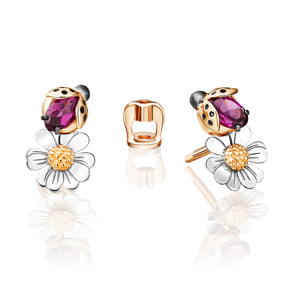 Серьги «Драгоценный сад» (пожелание удачи) из комбинированного золота c гранатом и эмалью Артикул: 02-4701-00-204-1111-75