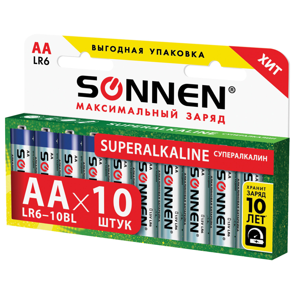 Батарейки комплект 10 шт. SONNEN Super Alkaline АА (LR6 15А) алкалиновые пальчиковые в коробке (6 штук в упаковке)